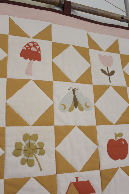 Nature Quilted Wall Hanging - Kids Decor, Spring, Bugs, Flowers, Mushroom