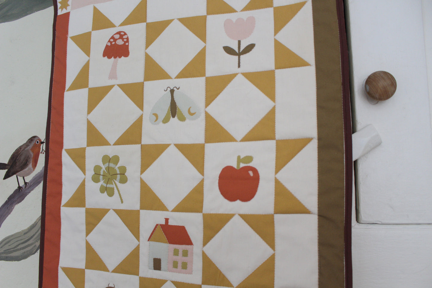 Nature Quilted Wall Hanging - Kids Decor, Spring, Bugs, Flowers, Mushroom