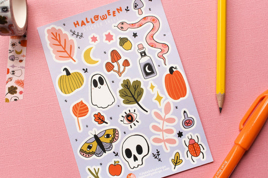 Halloween Vinyl Sticker Sheet - journal stickers, scrapbook stickers, planner, Spooky season, pumpkins, ghosties, moth, witchy, autumnal
