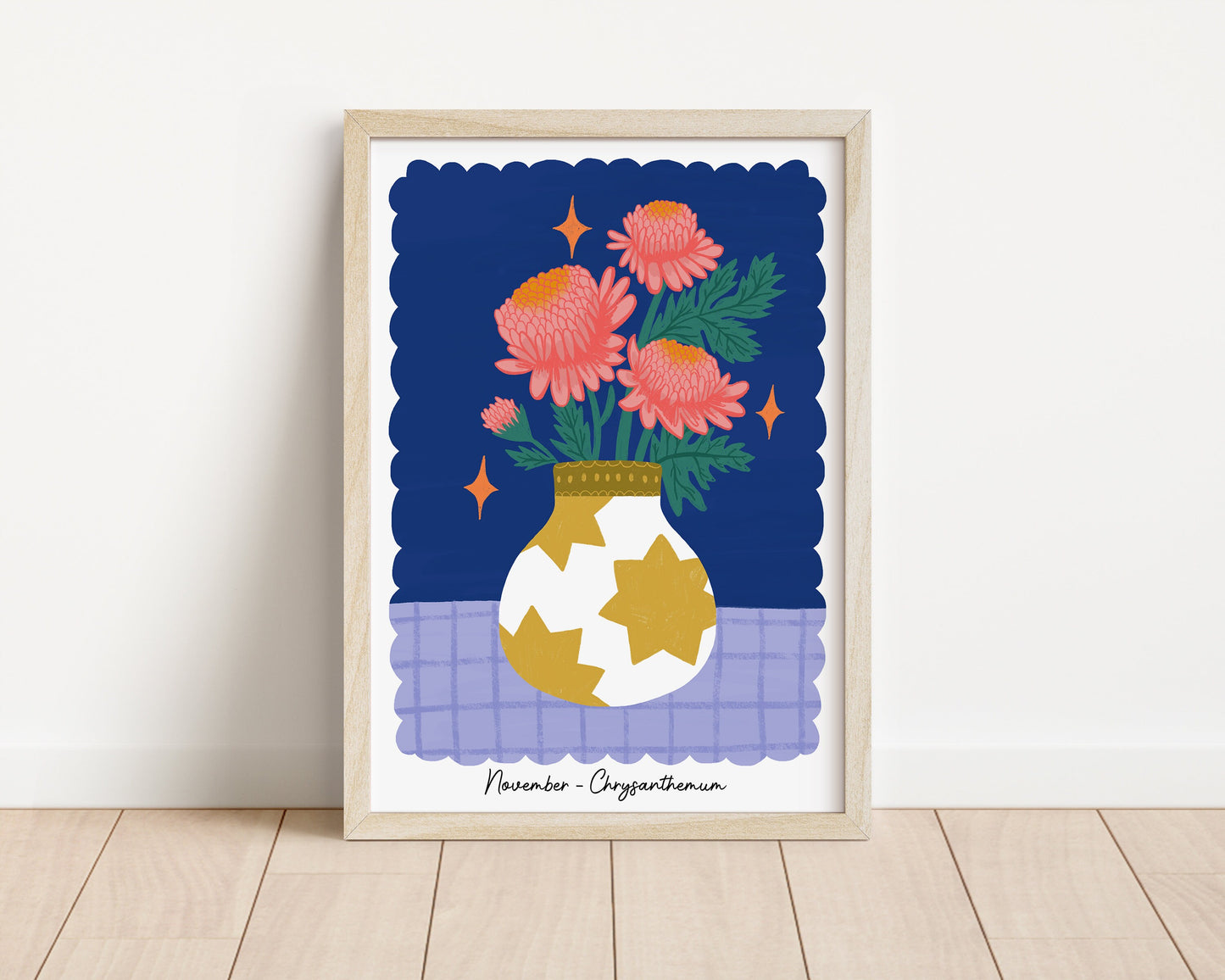Birth Flower Print - November, Chrysanthemum - Floral Wall Art - Flower Gift, Flower Vase Illustration
