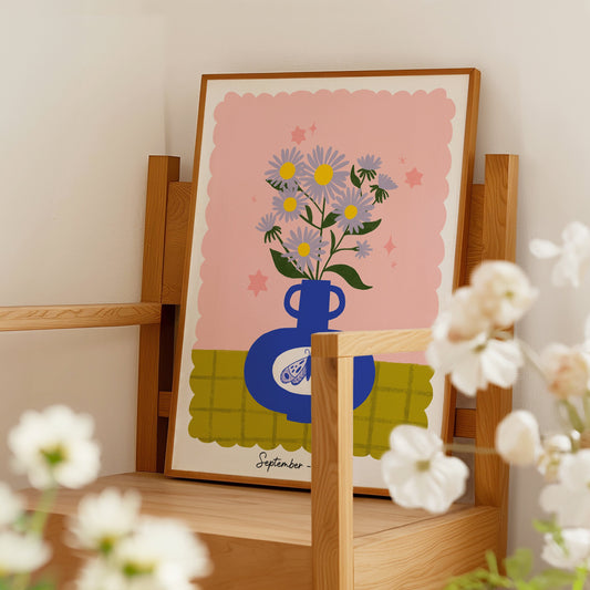 Aster September Birth Flower Wall Art Print | Birthday Month Present | Cottagecore Botanical Decor | Colourful Floral Art