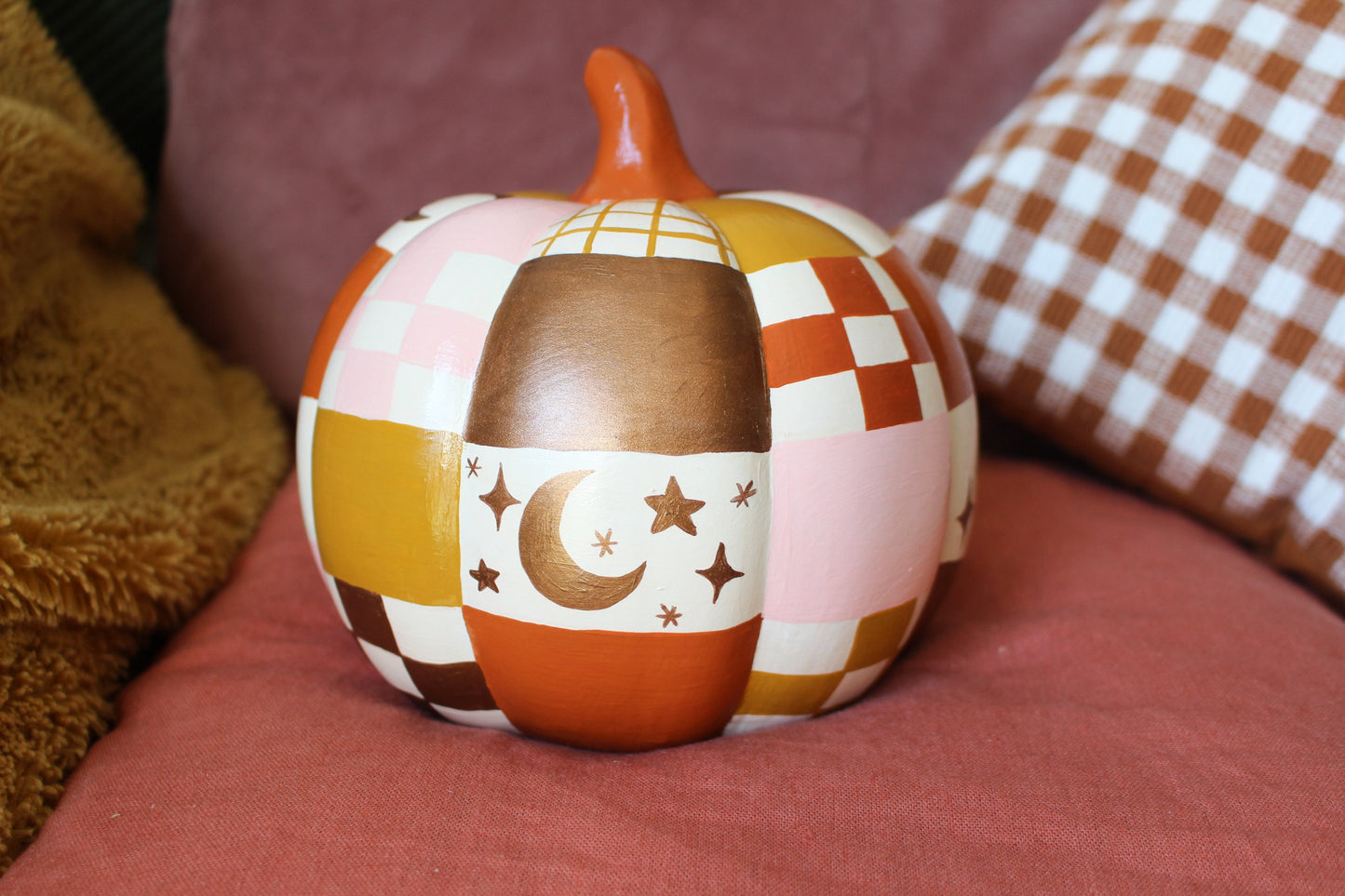 Hand-Painted Ceramic Patchwork Pumpkin – Celestial Autumn Decor