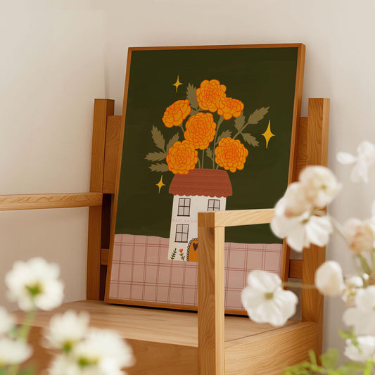 October Birth Flower Print - Marigold Floral Vase Illustration