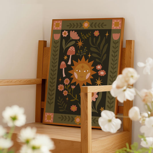 Folk Art Celestial Sun Print - Quilt, Patchwork, Floral