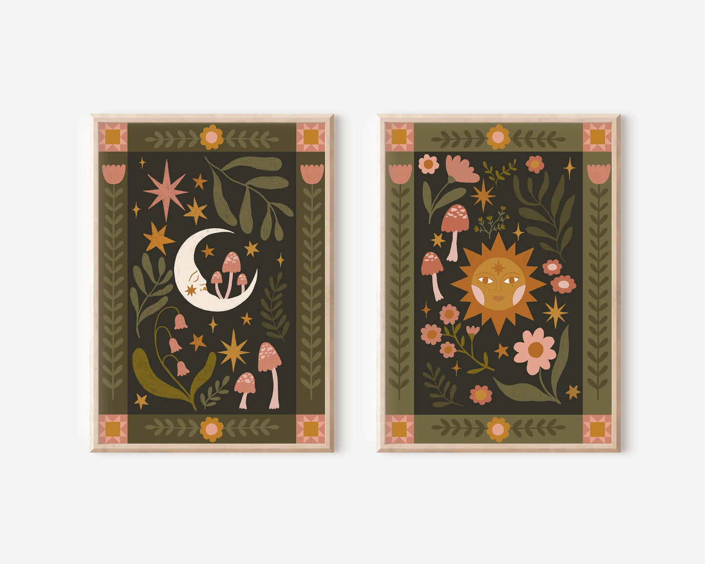 Folk Art Celestial Sun & Moon Set of Two Wall Prints- Quilt, Patchwork, Floral