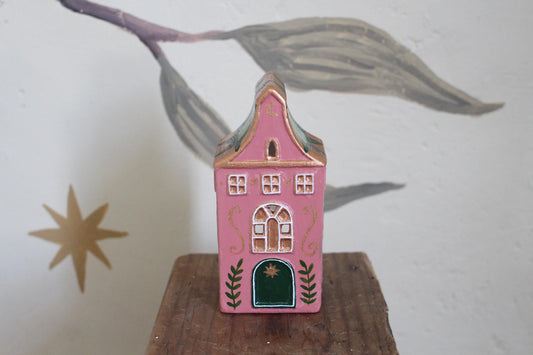Hand Painted Ceramic Quilt Star House Ornament - Tea light holder, cottagecore, folk art, patchwork - green and pink decor