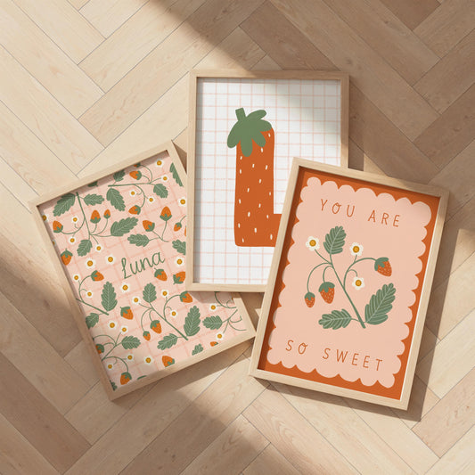 Set of 3 Personalised Strawberry Art Prints - Nursery, Kids Room, Initial, Name, Playroom Decor, Girls Room