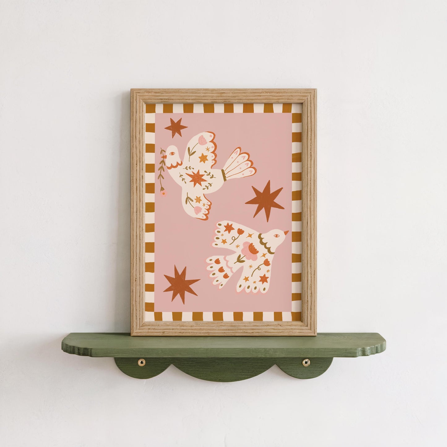 Folk Art Dove Print - Pink – Celestial Floral Birds, Nursery Decor, Children's Room, Play room