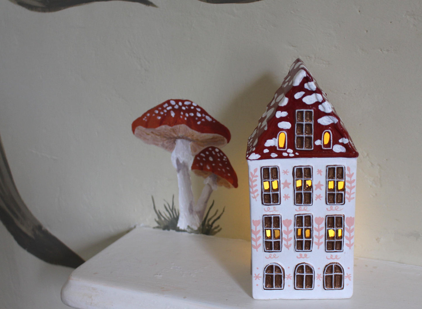 Hand Painted Ceramic Mushroom Autumn House - Whimsical Decor, Tea light holder, Autumn Fall Decor, Toadstool, Cottagecore,