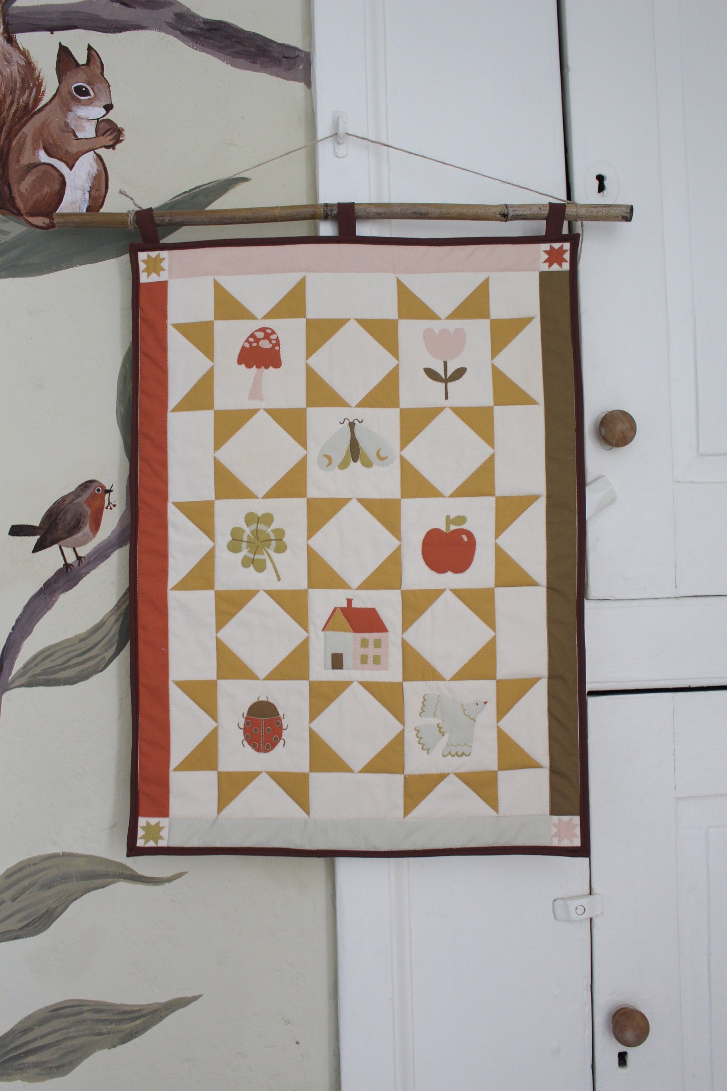 Nature Quilted Wall Hanging - Kids Decor, Spring, Bugs, Flowers, Mushroom