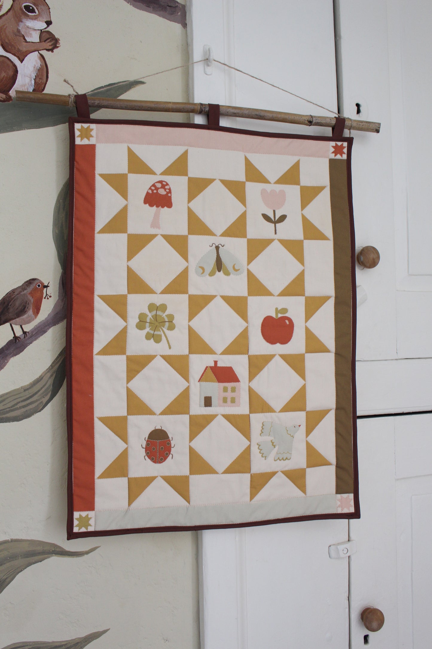 Nature Quilted Wall Hanging - Kids Decor, Spring, Bugs, Flowers, Mushroom