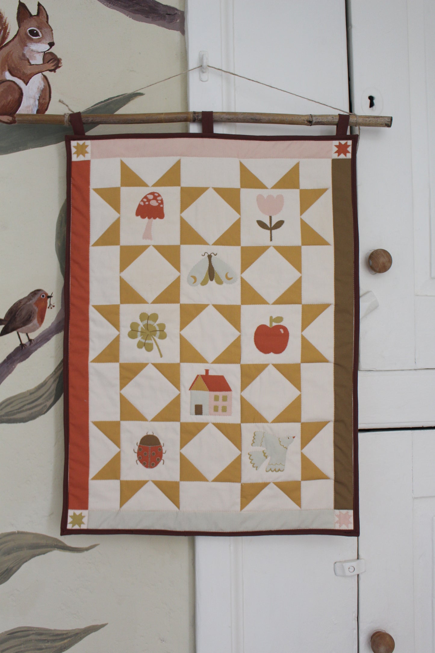 Nature Quilted Wall Hanging - Kids Decor, Spring, Bugs, Flowers, Mushroom