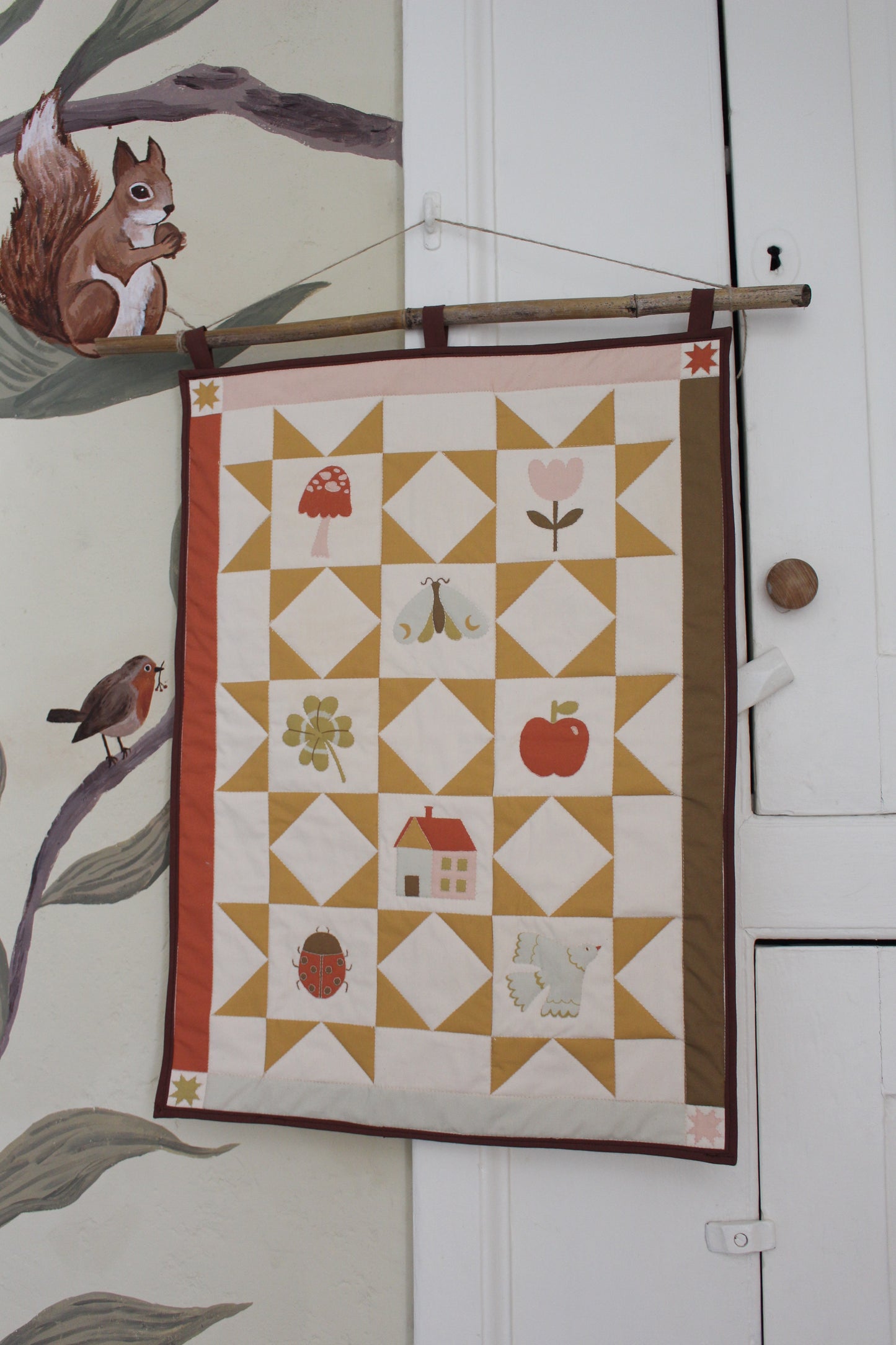 Nature Quilted Wall Hanging - Kids Decor, Spring, Bugs, Flowers, Mushroom
