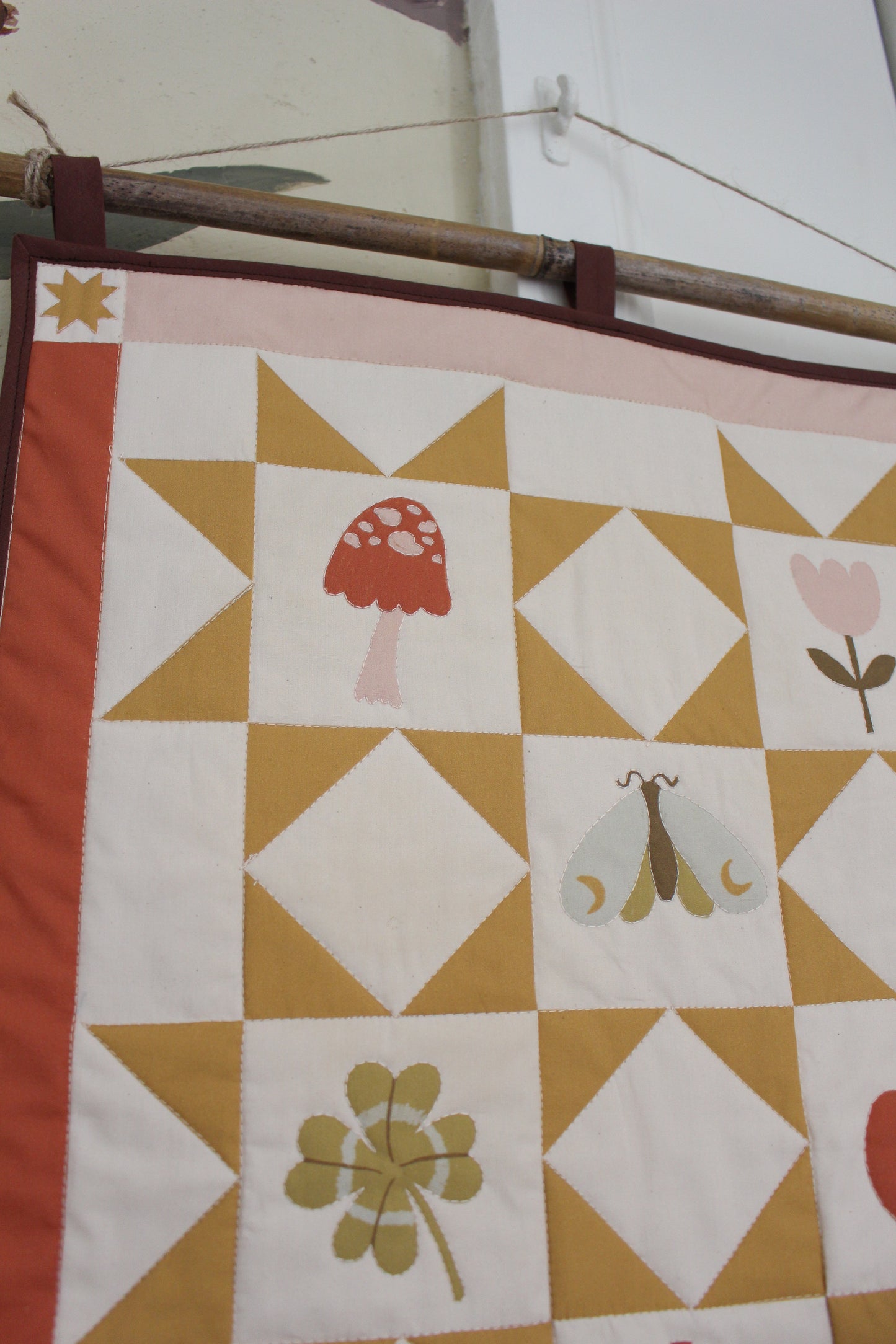 Nature Quilted Wall Hanging - Kids Decor, Spring, Bugs, Flowers, Mushroom