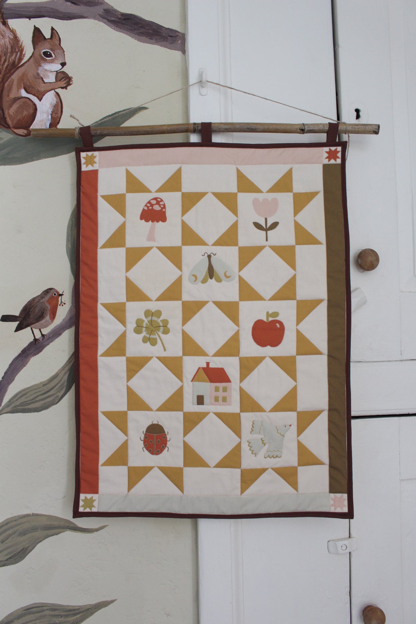 Nature Quilted Wall Hanging - Kids Decor, Spring, Bugs, Flowers, Mushroom
