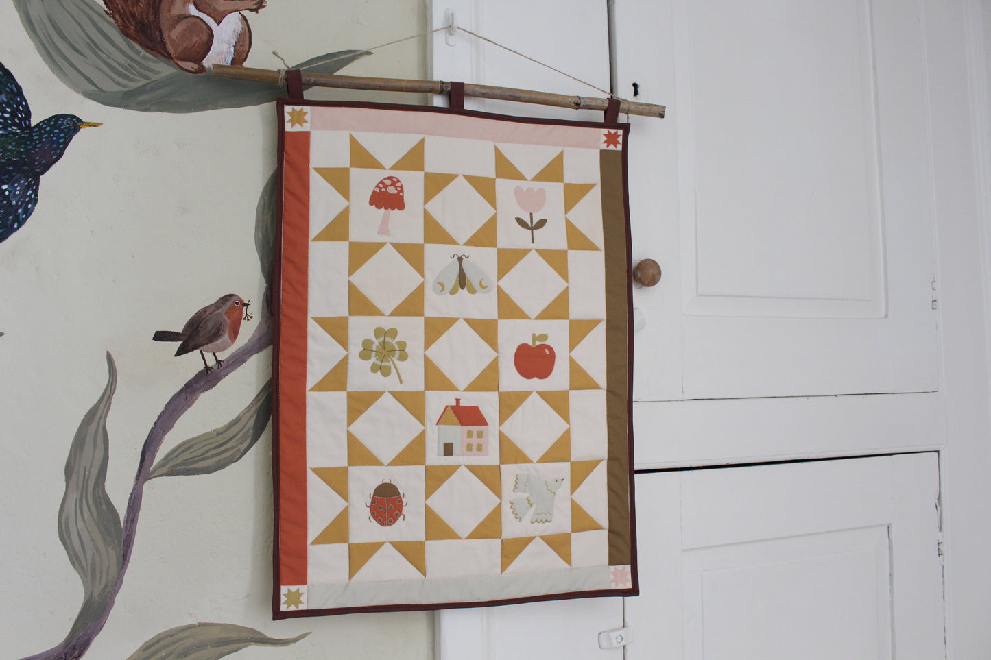Nature Quilted Wall Hanging - Kids Decor, Spring, Bugs, Flowers, Mushroom