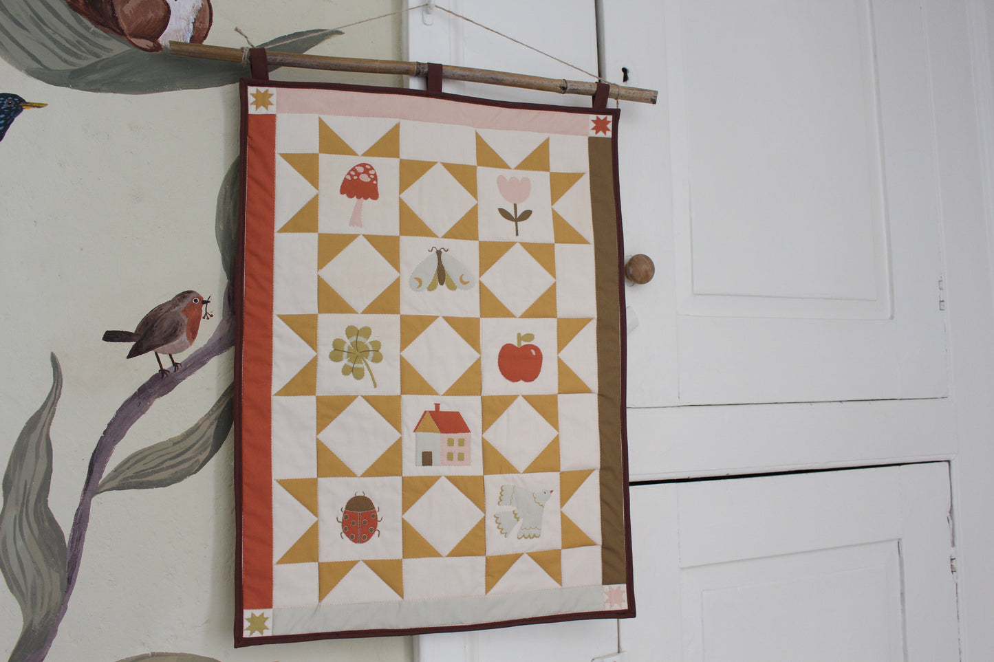 Nature Quilted Wall Hanging - Kids Decor, Spring, Bugs, Flowers, Mushroom