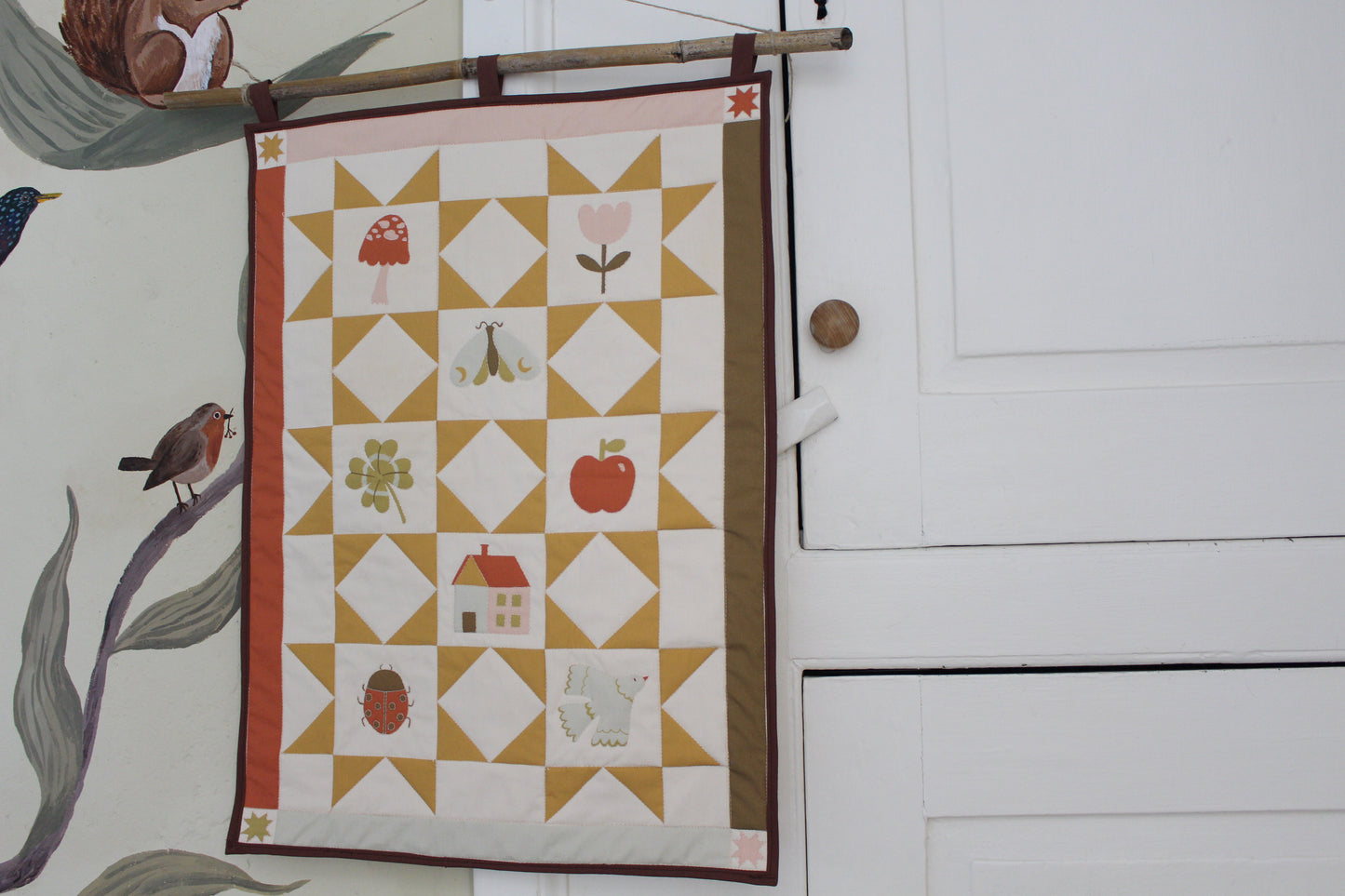 Nature Quilted Wall Hanging - Kids Decor, Spring, Bugs, Flowers, Mushroom