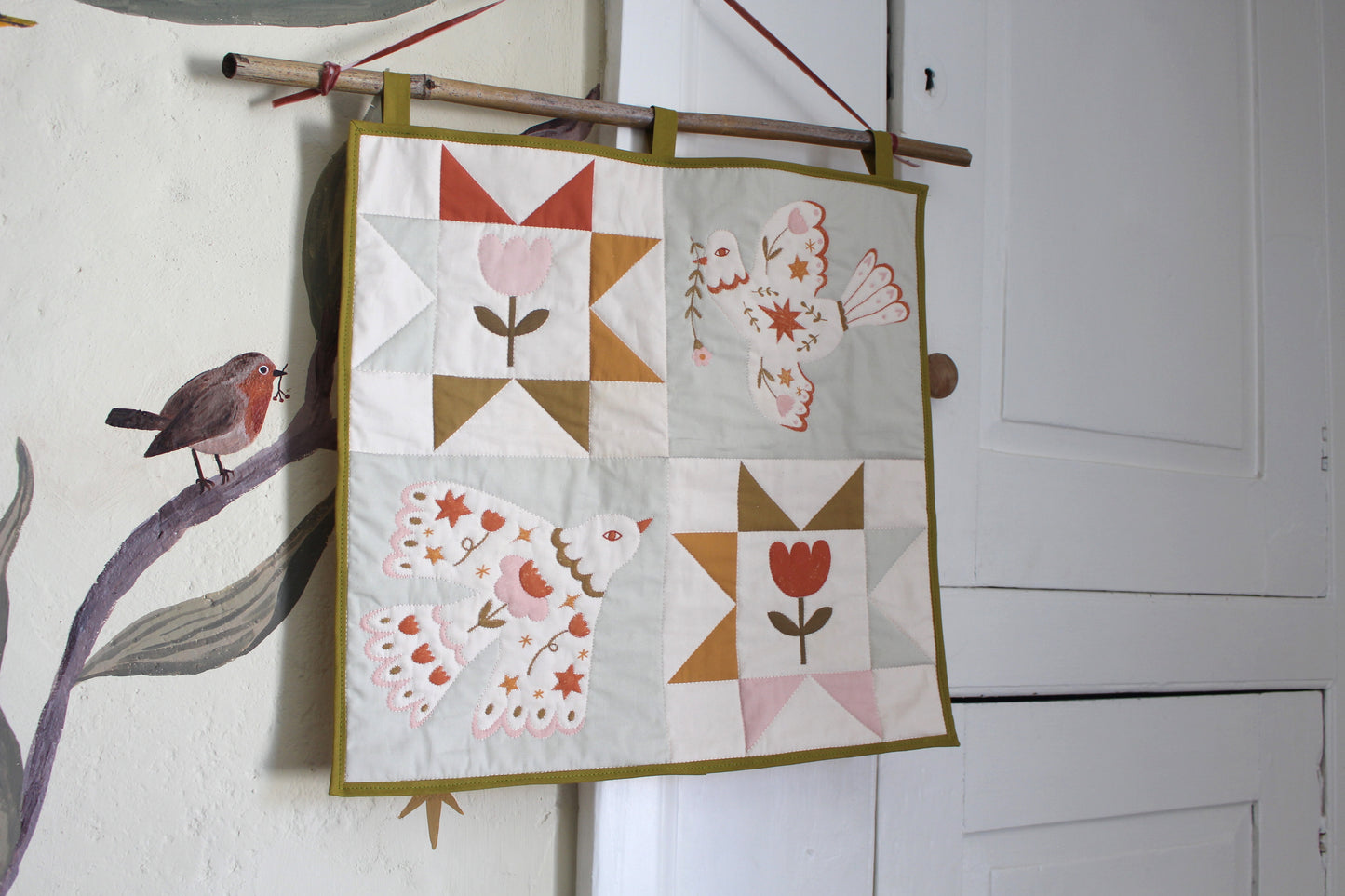 Folk Art Dove Birds Quilt Wall Hanging