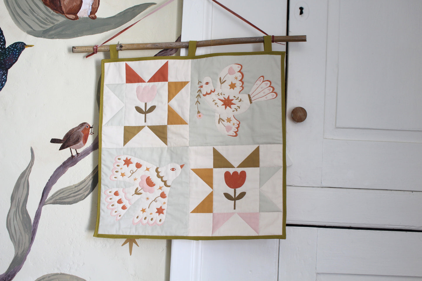 Folk Art Dove Birds Quilt Wall Hanging