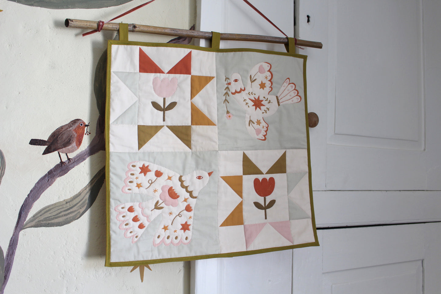 Folk Art Dove Birds Quilt Wall Hanging