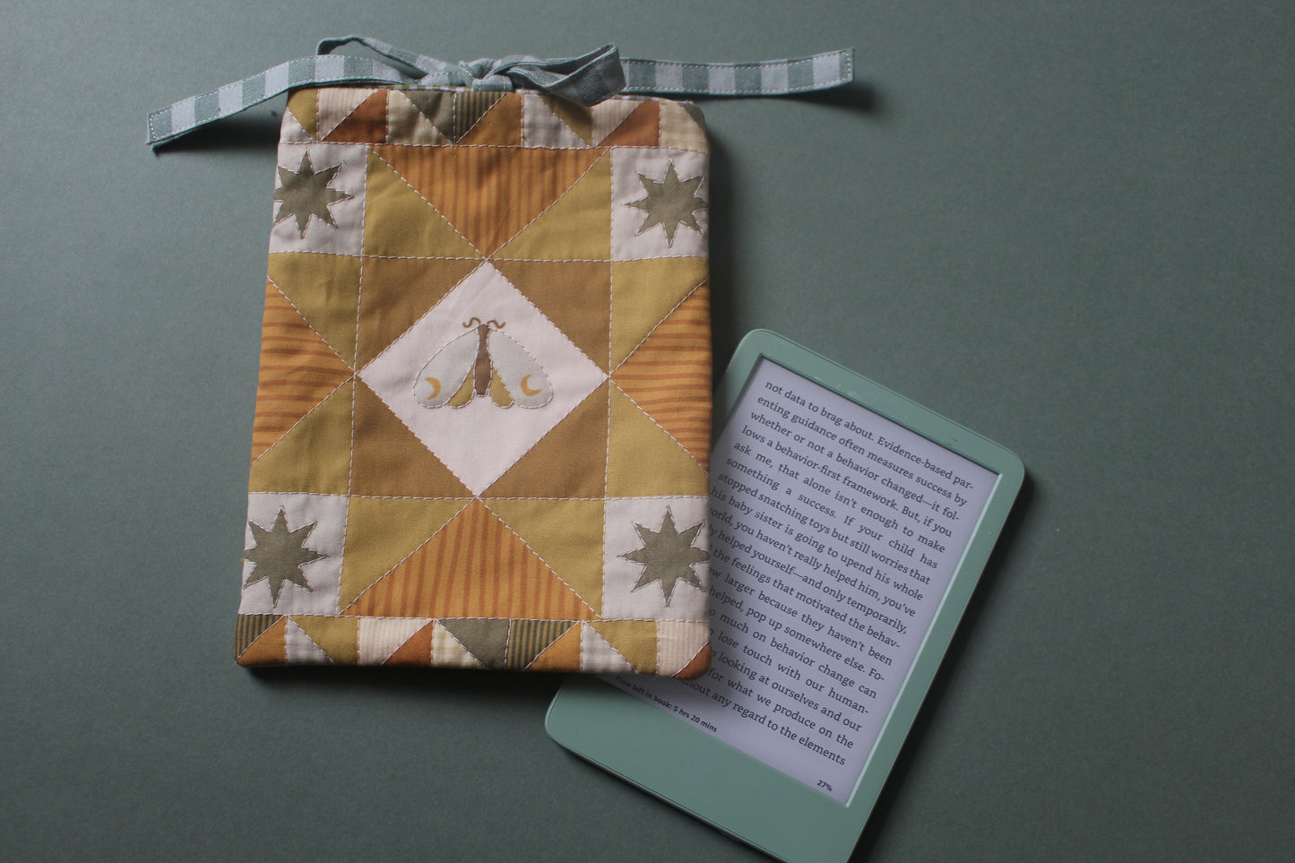 Quilted Book Sleeve - Green Moon Moth - Extra Small - Kindle E-reader Size