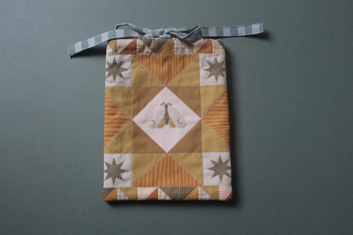 Quilted Book Sleeve - Green Moon Moth - Extra Small - Kindle E-reader Size