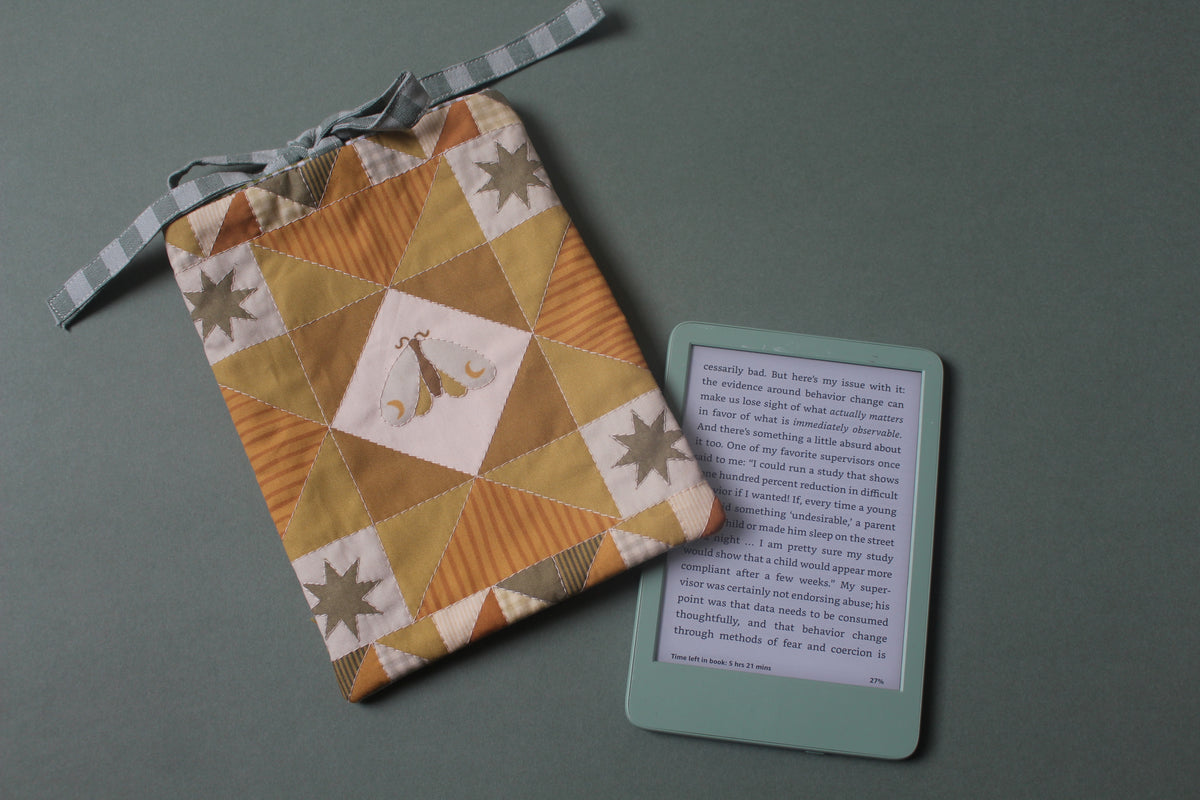 Quilted Book Sleeve - Green Moon Moth - Extra Small - Kindle E-reader Size