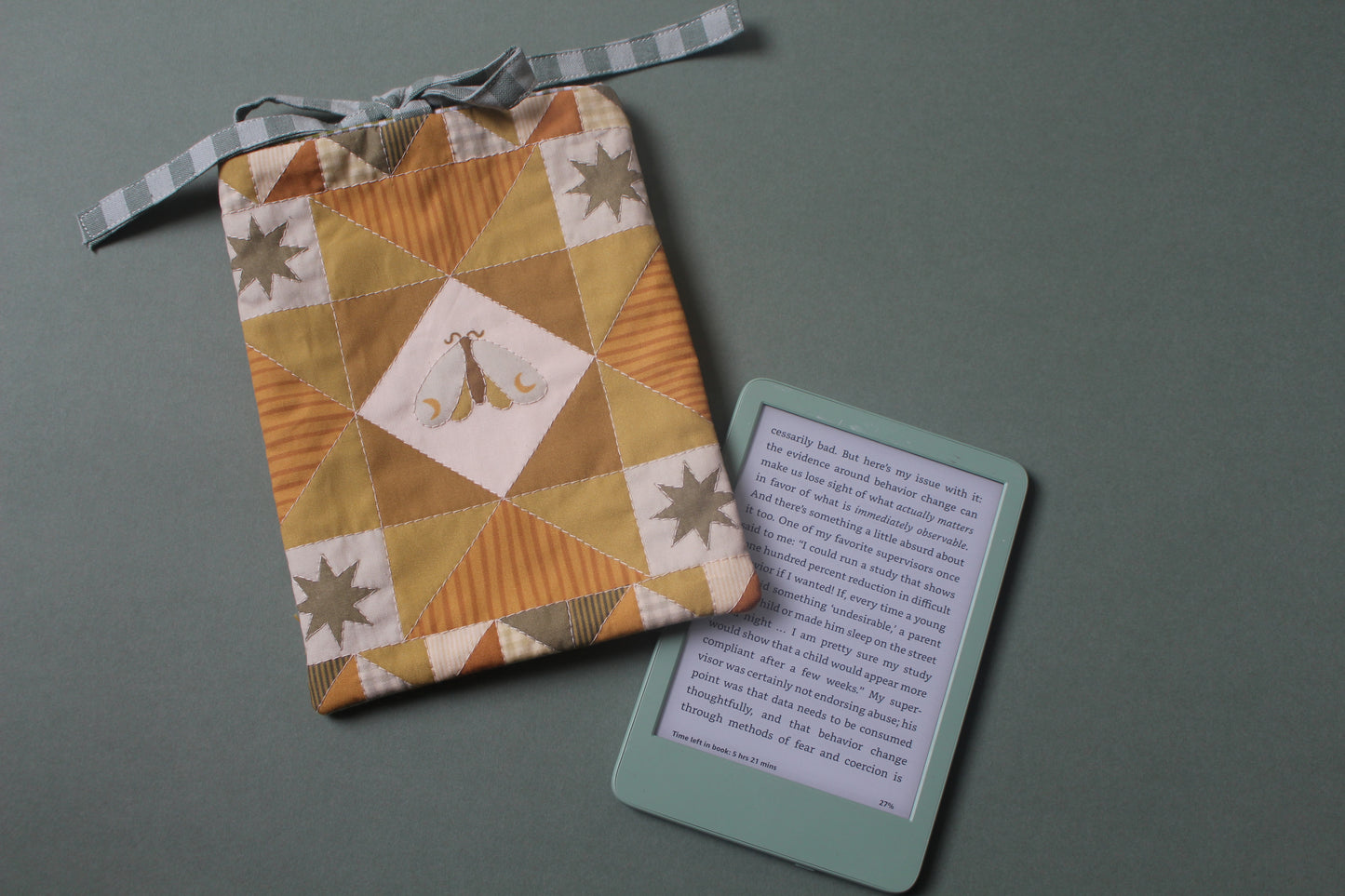 Quilted Book Sleeve - Green Moon Moth - Extra Small - Kindle E-reader Size