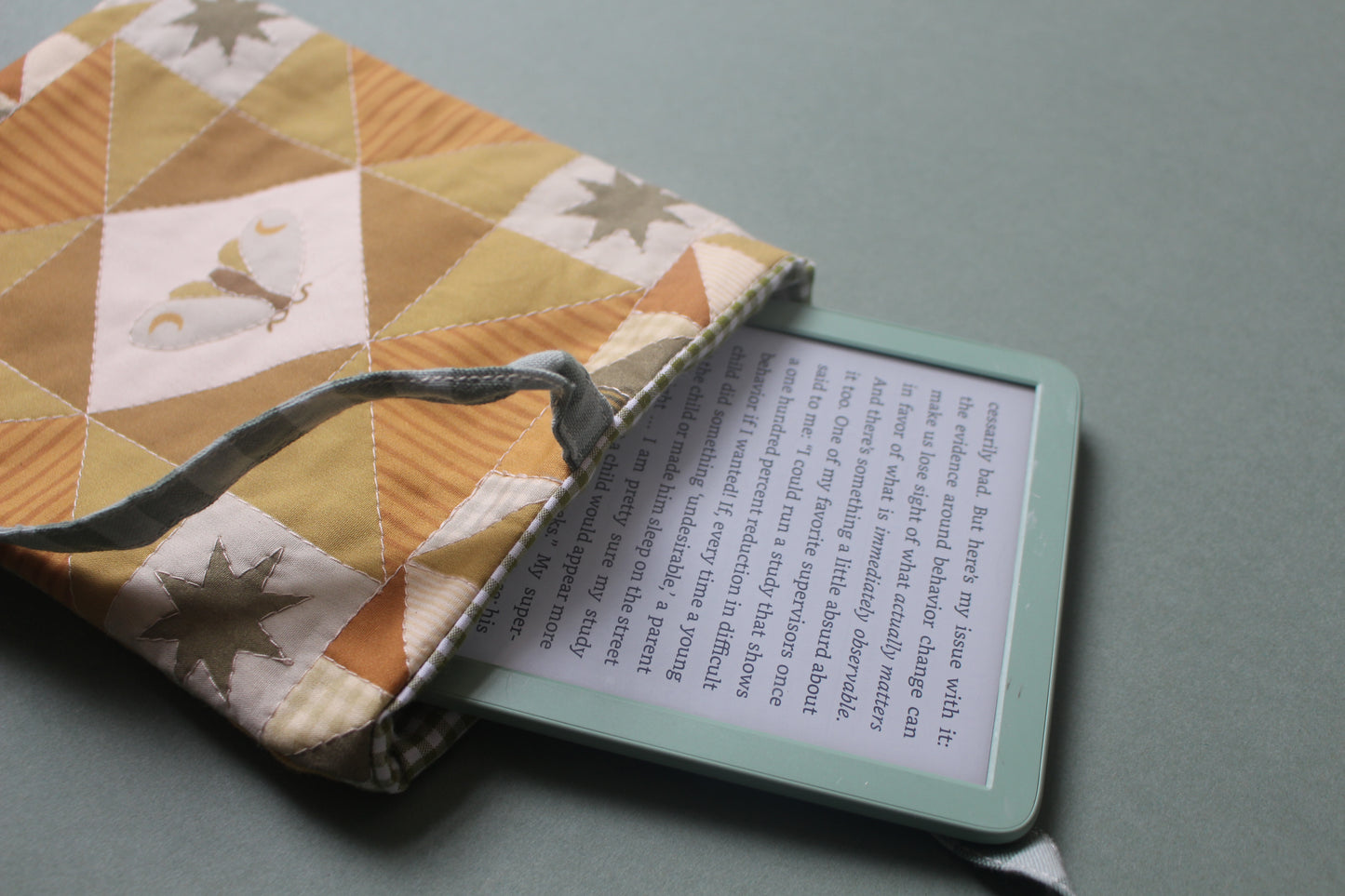 Quilted Book Sleeve - Green Moon Moth - Extra Small - Kindle E-reader Size