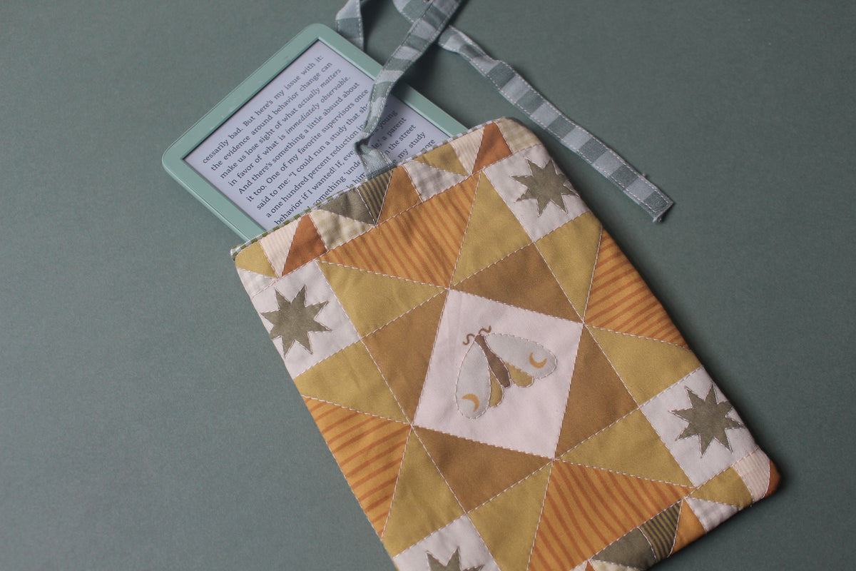 Quilted Book Sleeve - Green Moon Moth - Extra Small - Kindle E-reader Size