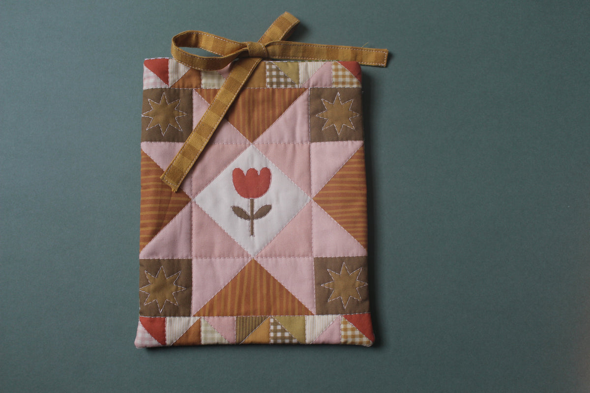 Quilted Book Sleeve - Tulip Green & Pink  - Small - Paperback / Kindle