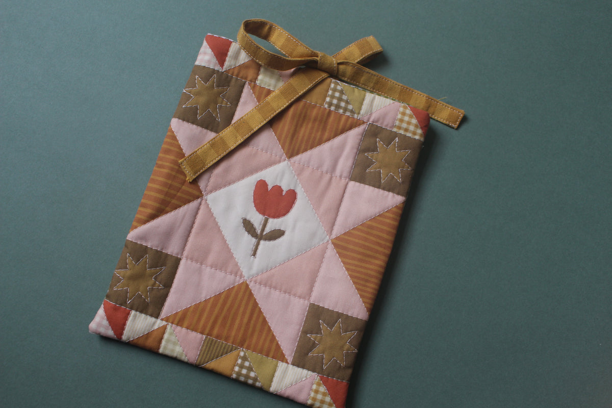 Quilted Book Sleeve - Tulip Green & Pink  - Small - Paperback / Kindle