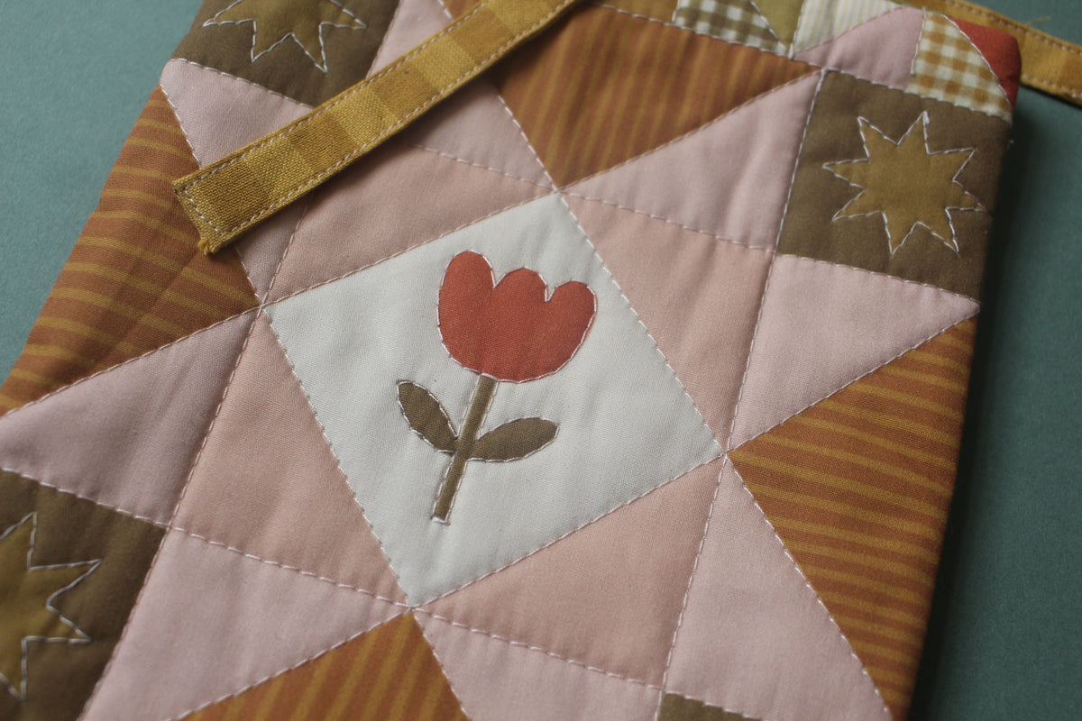 Quilted Book Sleeve - Tulip Green & Pink  - Small - Paperback / Kindle