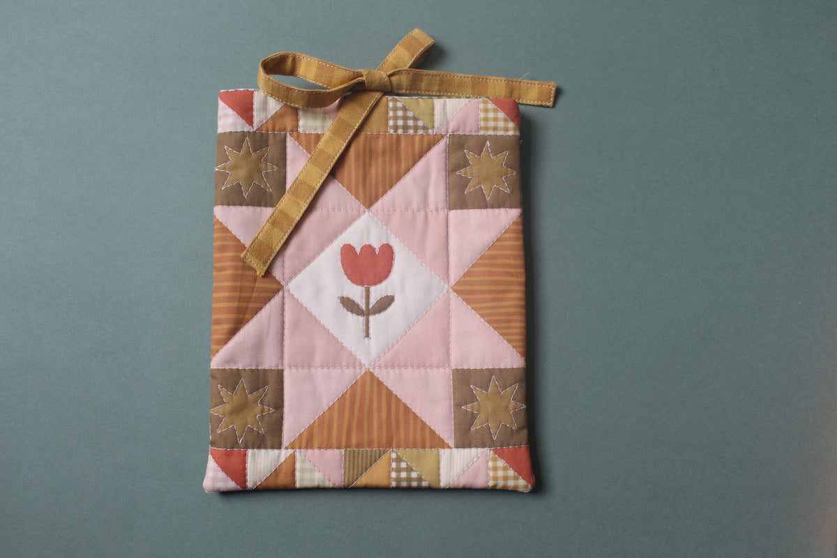 Quilted Book Sleeve - Tulip Green & Pink  - Small - Paperback / Kindle