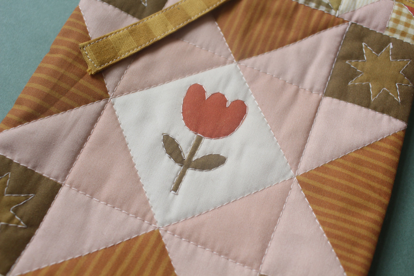 Quilted Book Sleeve - Tulip Green & Pink  - Small - Paperback / Kindle