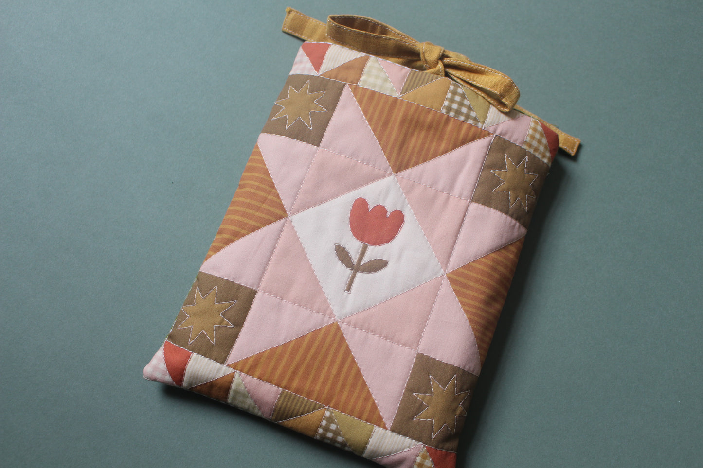 Quilted Book Sleeve - Tulip Green & Pink  - Small - Paperback / Kindle