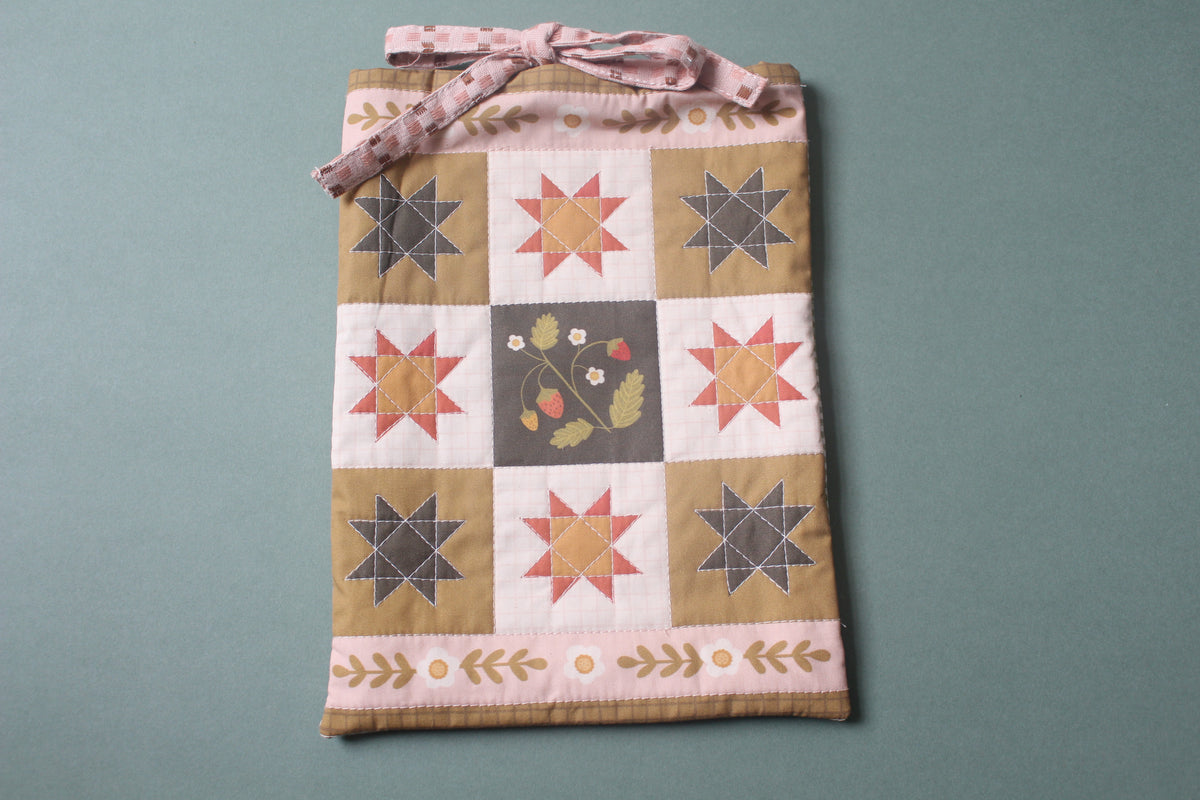 Quilted Book Sleeve - Strawberry - Pink & Green - Medium - Paperback / Hardback