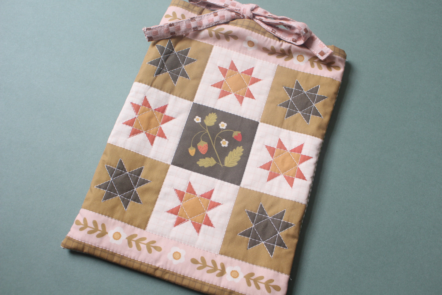 Quilted Book Sleeve - Strawberry - Pink & Green - Medium - Paperback / Hardback