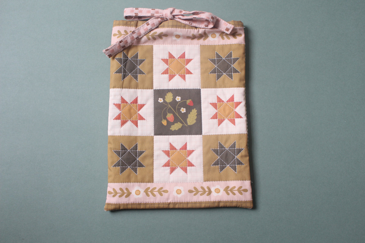 Quilted Book Sleeve - Strawberry - Pink & Green - Medium - Paperback / Hardback