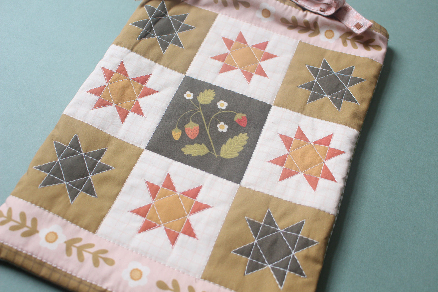 Quilted Book Sleeve - Strawberry - Pink & Green - Medium - Paperback / Hardback