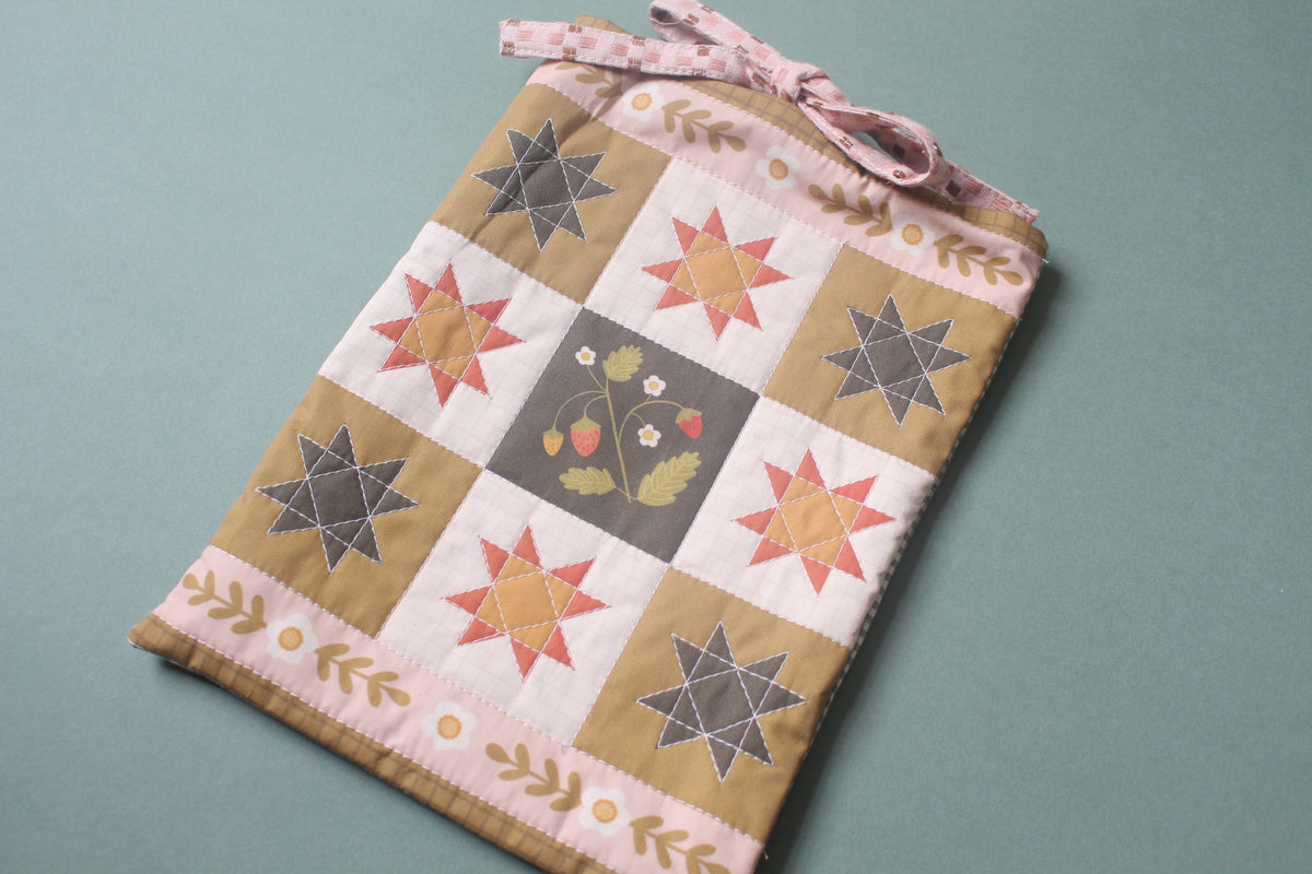 Quilted Book Sleeve - Strawberry - Pink & Green - Medium - Paperback / Hardback