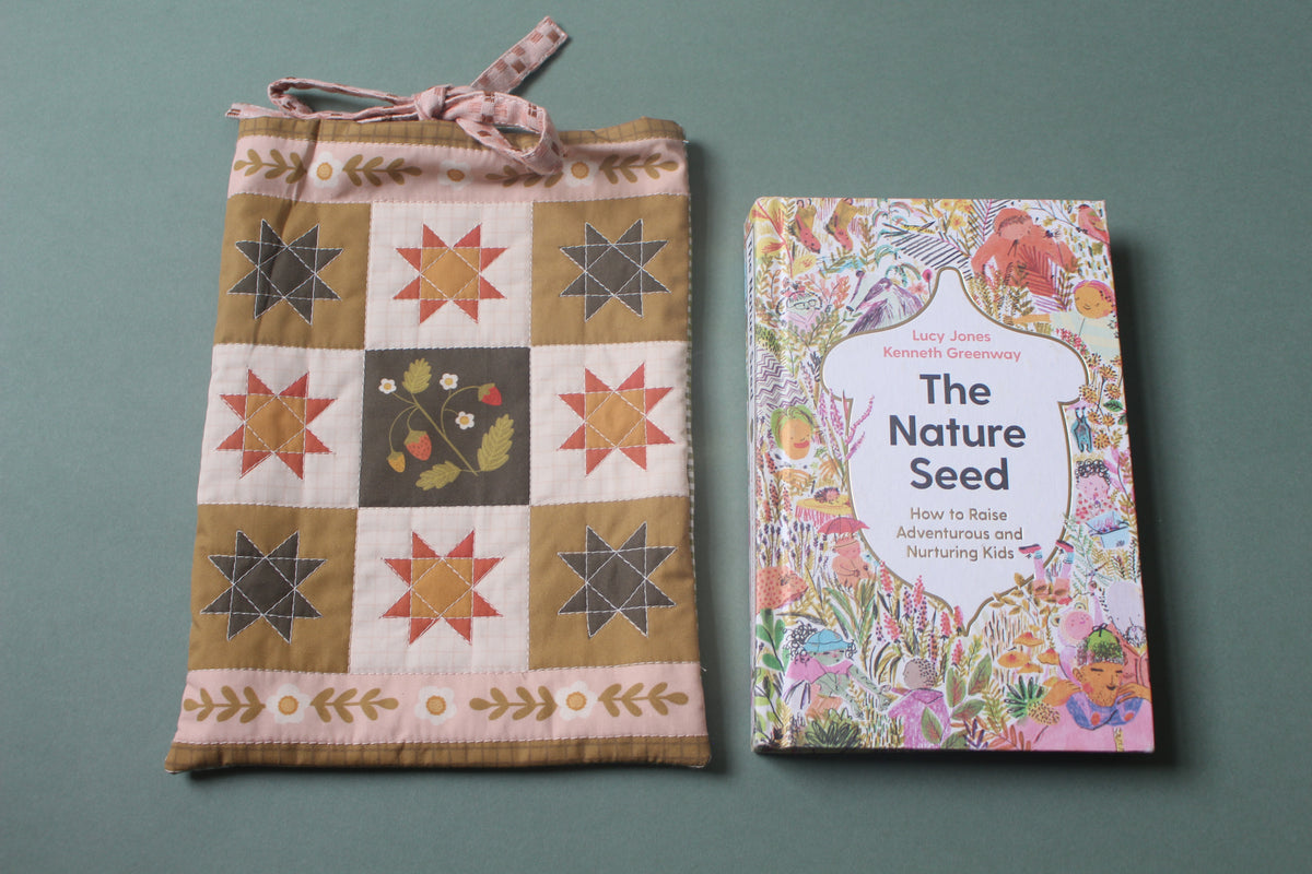 Quilted Book Sleeve - Strawberry - Pink & Green - Medium - Paperback / Hardback