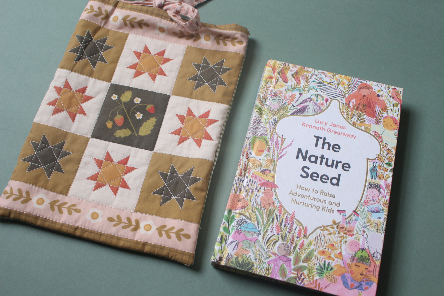 Quilted Book Sleeve - Strawberry - Pink & Green - Medium - Paperback / Hardback
