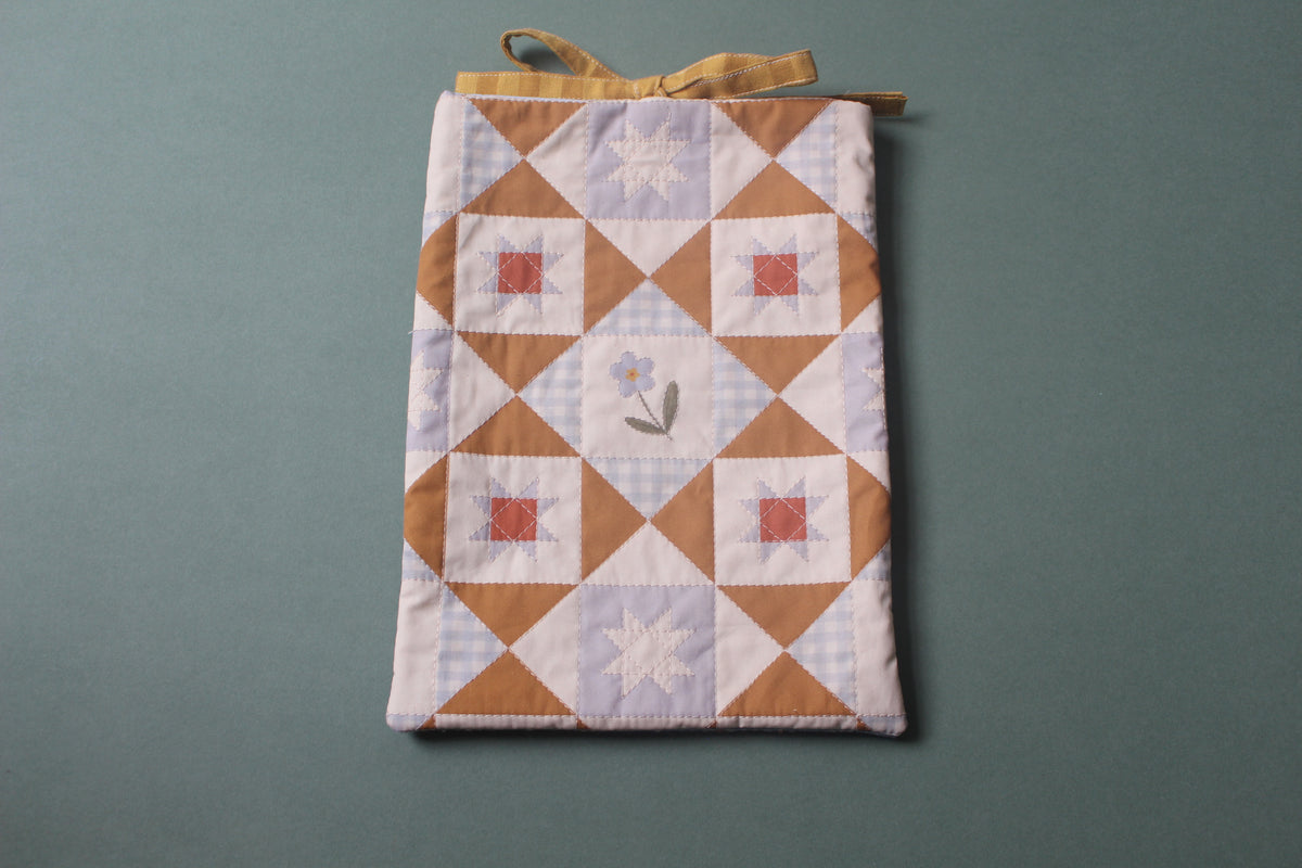 Quilted Book Sleeve - Forget Me Not Flower - Blue Yellow - Medium fits hardbacks & paperbacks.