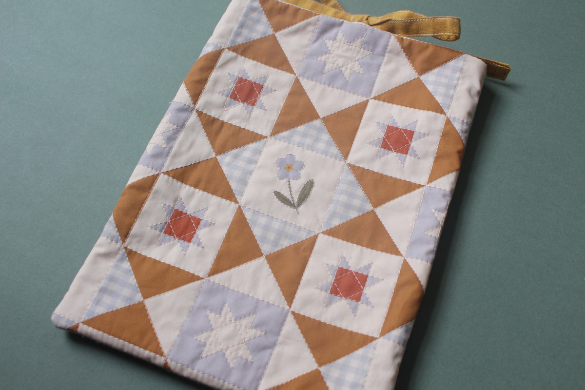 Quilted Book Sleeve - Forget Me Not Flower - Blue Yellow - Medium fits hardbacks & paperbacks.
