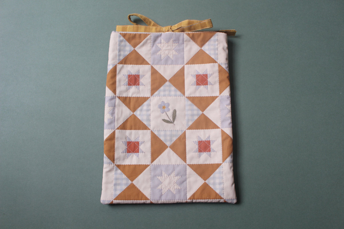 Quilted Book Sleeve - Forget Me Not Flower - Blue Yellow - Medium fits hardbacks & paperbacks.