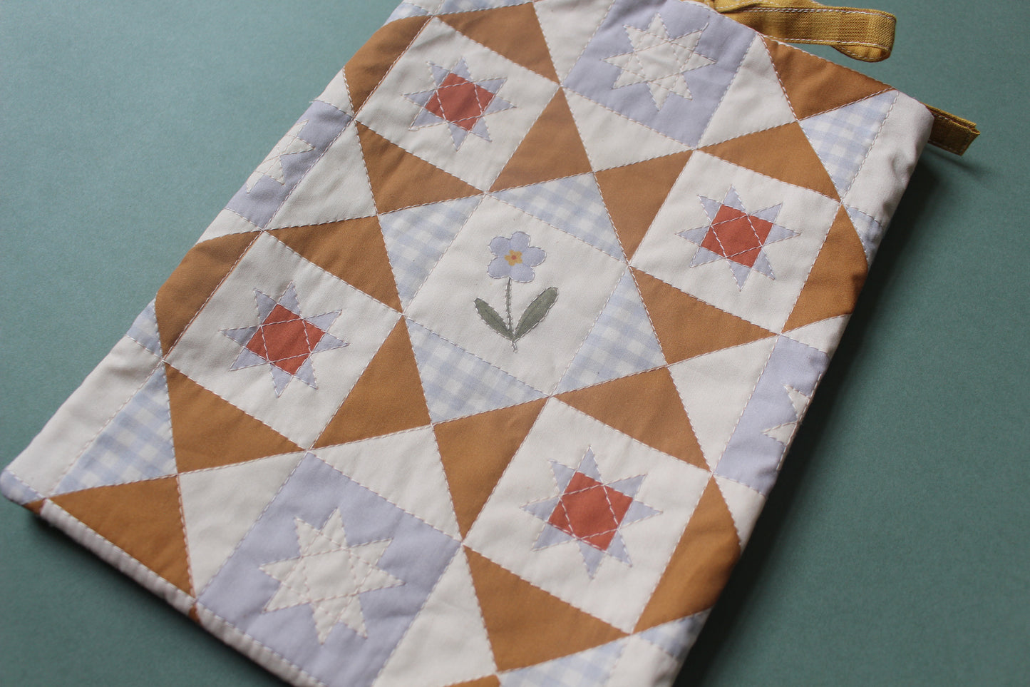 Quilted Book Sleeve - Forget Me Not Flower - Blue Yellow - Medium fits hardbacks & paperbacks.