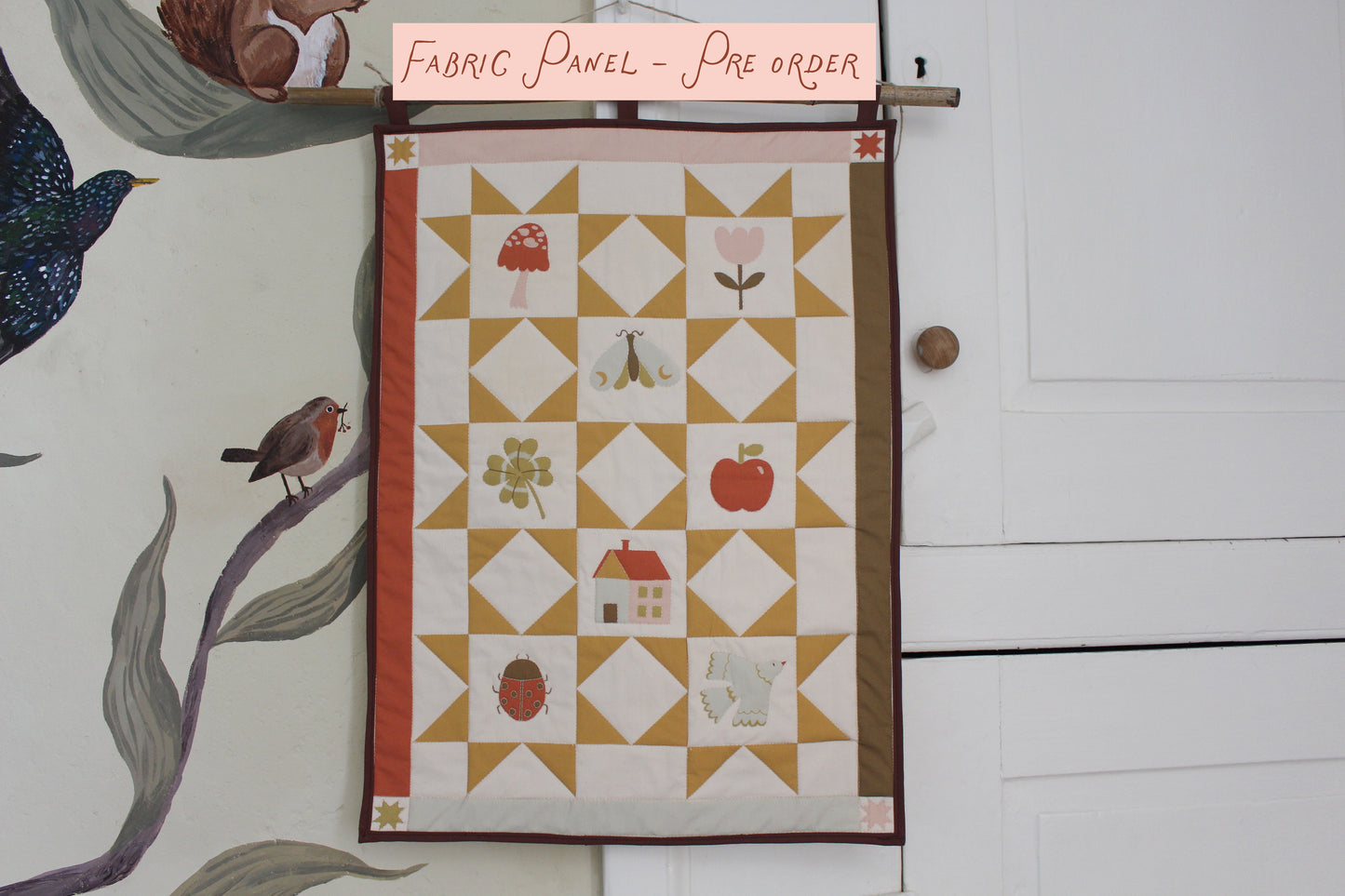 PREORDER - Nature Fabric Panel  - Kids Decor, Spring, Bugs, Flowers, Mushroom