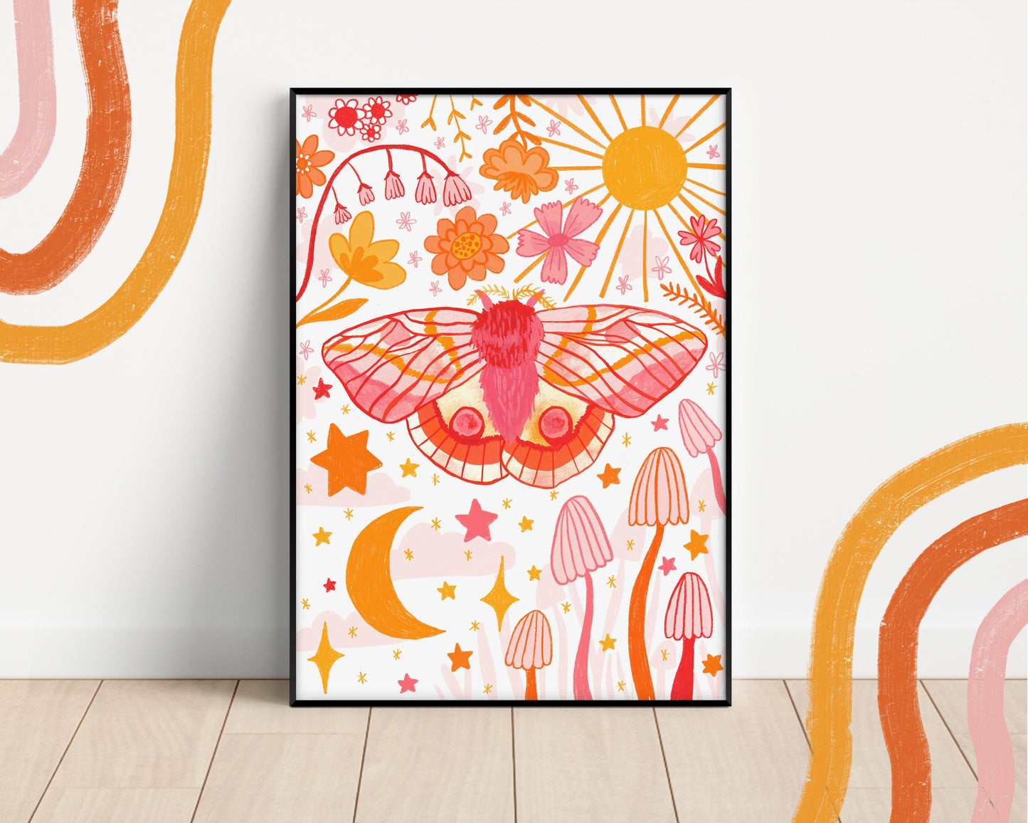 Whimsical Moth Floral Wall Art Print - A5 or A4 -